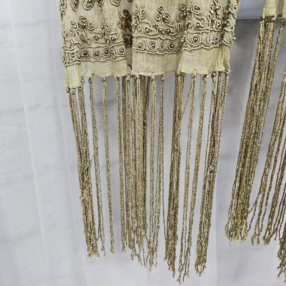 Green Boho Sheer Beaded Embroidered Shimmery Fringed Scarf - Picture 4 of 12